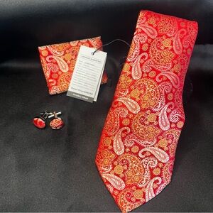 NWT- Elegant Silk Red Paisley Tie Set